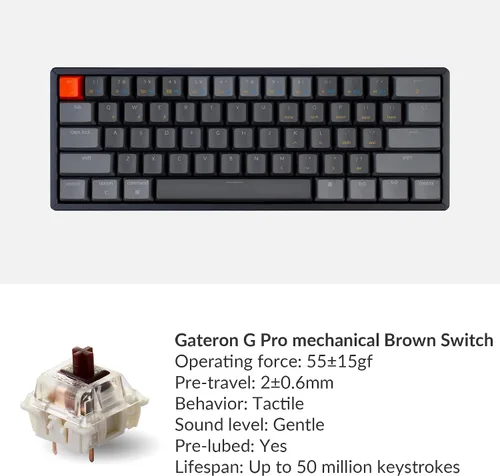 Vista 6 de Keychron Teclado mecánico inalámbrico K12 con 60% de diseño Bluetooth/USB con interruptor marrón Gateron G Pro/Retroiluminación RGB/Rollover