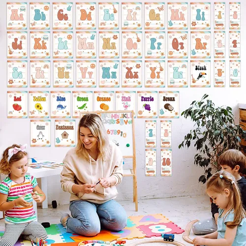 Vista 6 de ZOIIWA Juego de 56 tablones de anuncios retro con letras del alfabeto y números, tarjetas educativas hippie, tarjetas del alfabeto ABC Groovy de 1 a