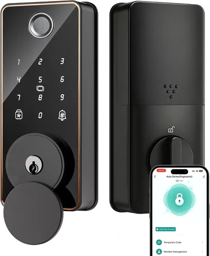 Vista 10 de Cerradura de puerta de entrada sin llave, cerradura inteligente del cerrojo de la huella dactilar Control de aplicación, teclado de pantalla Negro