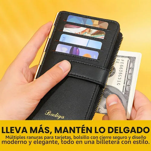 Vista 5 de Badiya Tarjetero de crédito para mujer, cartera RFID para mujer, organizador de tarjetas plegable delgado con funda para múltiples tarjetas