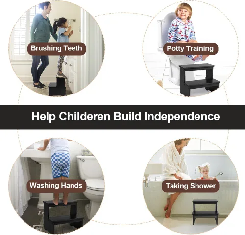 Vista 6 de StrongTek Taburete de bambú de dos escalones para adultos y niños, taburete de cama con parte inferior antideslizante, resistente para cocina, baño