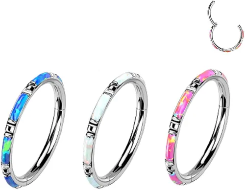 Vista 2 de Pierced Owl 16GA G23 Implant Grade Titanium Rectangular Synthetic Opal Inlaid Hinged Segment Ring