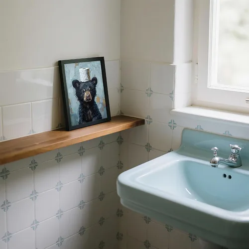 Vista 4 de Arte de pared de lienzo enmarcado para baño con oso negro tierno, decoración divertida para baño con animales, adorable oso con papel higiénico