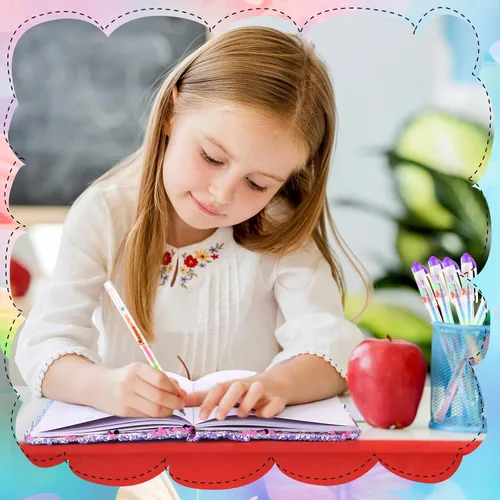 Vista 4 de Outus Juego de diario de lentejuelas para niñas con 4 bolígrafos de tinta de gel de color, diario reversible, cuaderno de lentejuelas con purpurina