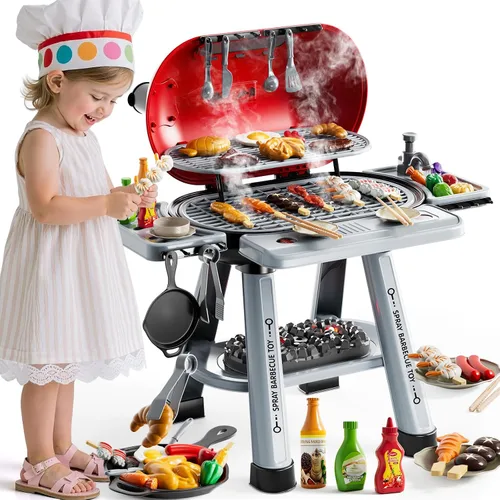 Vista 9 de Juego de Parrilla de Barbacoa para Niños de 4 a 8 Años, Juguetes de Cocina de Juego con Humo y Luz para Niños de 3 4 5 6 7, Juguetes de Barbacoa