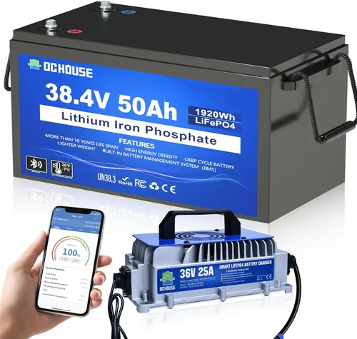 Vista 10 de DC HOUSE Batería Lifepo4 de litio de 36 V 50 Ah integrada 2C 100A Bluetooth BMS, corriente máxima 120A/30s, 450A/1s, corte de baja temperatura