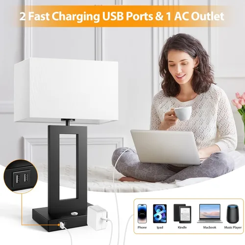 Vista 3 de Kondras Juego de 2 lámparas de mesa para dormitorios, 3 temperaturas de color, control táctil, lámparas de noche con 2 puertos USB y salida de CA