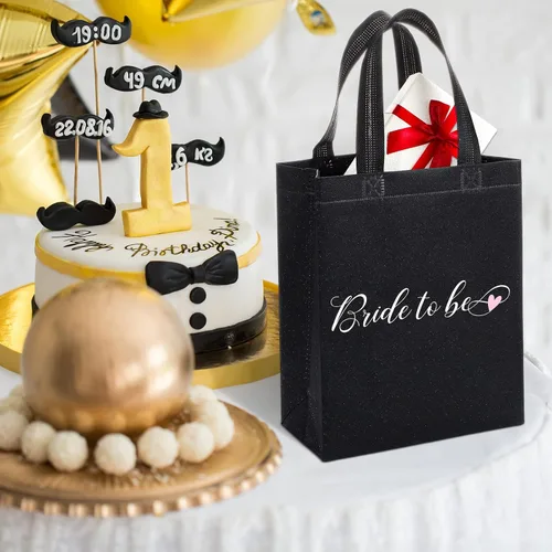 Vista 3 de Woanger Paquete de 48 bolsas de regalo con purpurina con asa, reutilizables, no tejidas, con purpurina para bodas, cumpleaños, despedidas de Negro