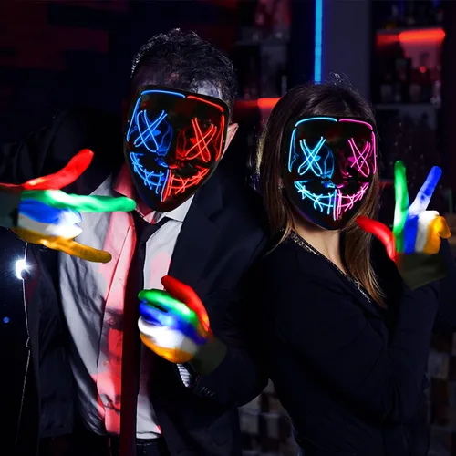 Vista 4 de Máscara de purga LED de Halloween y guantes iluminados paquete de 2 disfraces de Halloween para niños y niñas guantes LED aterradores para niños