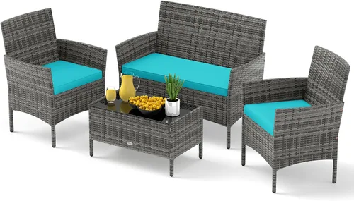 Vista 13 de RELAX4LIFE Juego de muebles de patio de 4 piezas – Juego de muebles de ratán para conversación al aire libre con cojines, mesa de centro de cristal