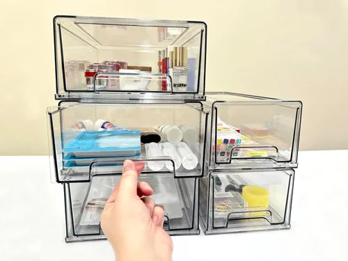 Vista 6 de Cajones de almacenamiento apilables, organizador extraíble transparente con asas y almohadillas antideslizantes para cocina, refrigerador