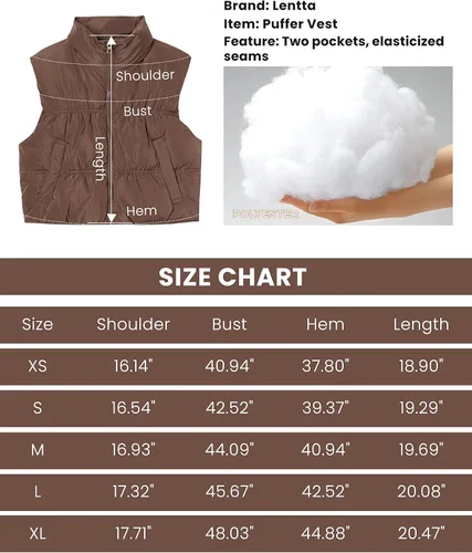 Vista 5 de Lentta Chaleco acolchado corto para mujer, con cremallera, cuello alto, ligero, acolchado