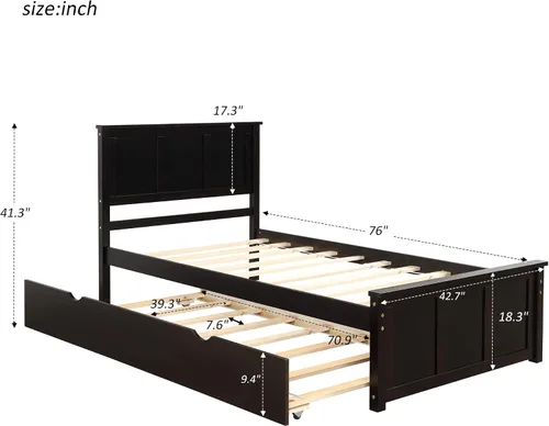 Vista 2 de Cama de plataforma con nido, marco de cama individual de madera minimalista y elegante, montaje simple y aspecto retro (espresso)