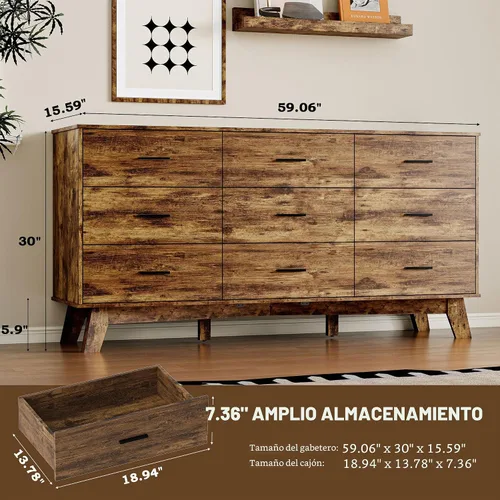 Vista 2 de BORNOON Cómoda para dormitorio con 9 cajones, cómoda moderna de 59 pulgadas de ancho con manijas de metal, base en forma de X y pata central