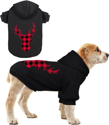Vista 10 de Sudadera con capucha para perros pequeños, ropa para mascotas, diseño de lana cuadriculada negro, cálido y suave, transpirable, cómodo (Talla S)