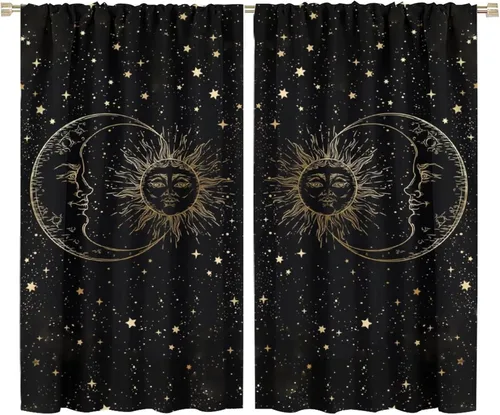 Vista 74 de Cortinas opacas con diseño de sol y luna, cuerpos celestes bohemios, con diseño de sol, luna y estrellas, para sala de estar, dormitorio, 42 x 45
