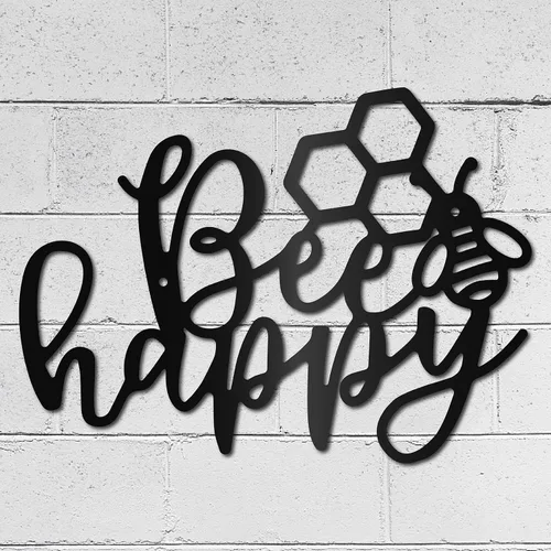 Vista 7 de CREATCABIN Arte de pared de metal con diseño de abeja feliz, escultura de pared, letrero de decoración colgante de contorno de hierro, arte de pared