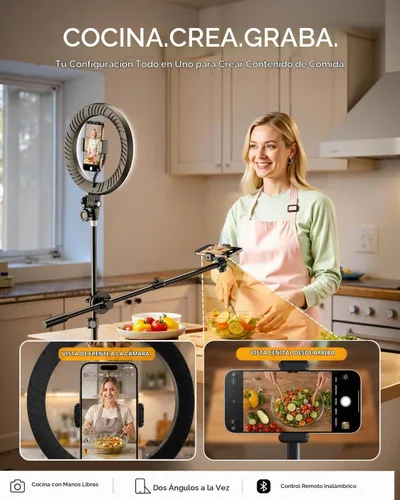 Vista 2 de Soporte de luz para trípode mejorado con 2 brazos telescópicos, trípode de luz de anillo de 67 pulgadas para iPhone y Android, soporte de teléfono