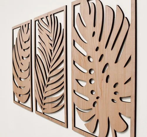 Vista 3 de Juego de 3 paneles de arte de pared de madera con hojas tropicales de Monstera, estilo bohemio, casa de campo moderna