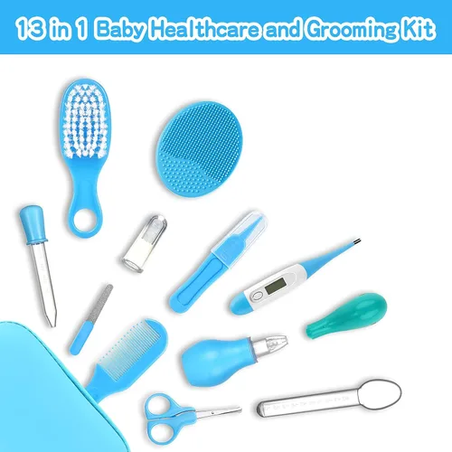 Vista 2 de Kit de cuidado de la salud y aseo del bebé, juego portátil de cuidado de seguridad para bebés, kit esencial para recién nacido (azul 13 en 1)