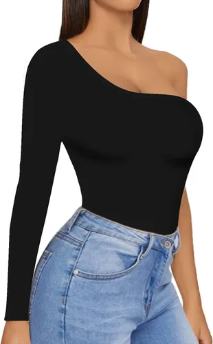 Vista 3 de MANGOPOP Women's One Shoulder Off Sleeveless Long Sleeve Tank Top Bodysuit Jumpsuits