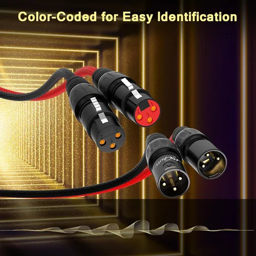 Vista 4 de Cables XLR Snake de 2 canales de 4 pies, cable de micrófono XLR de 2 colores macho a hembra con código de color, para grabación, estudios, en vivo