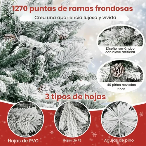 Vista 3 de Goplus - Árbol de Navidad artificial de 7 pies con nieve ya colocada, árbol de Navidad artificial con bisagras, con 320 luces LED multicolor, 8