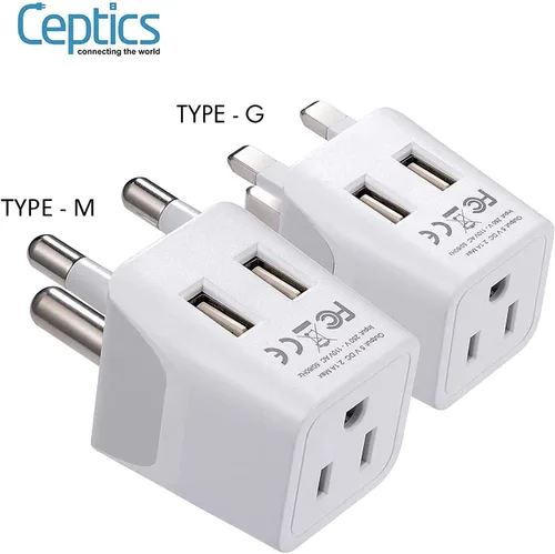 Vista 2 de Ceptics Juego de enchufes de viaje para Sudáfrica, con 2 USB + entrada de enchufe de EE. UU., tipo M y tipo G, ultra compacto, conexión a tierra