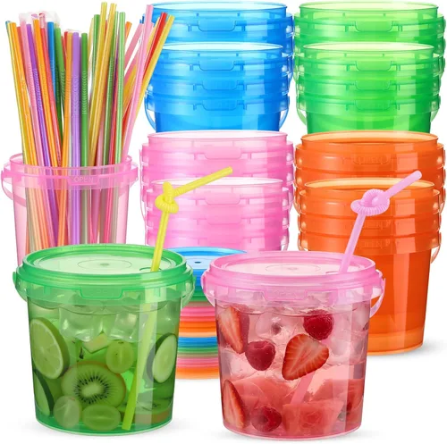 Vista 18 de Funnymoom Paquete de 36 cubos de plástico para ron para bebidas con pajita, cubeta de cóctel para helado, con tapas y asas, recipientes de alimentos
