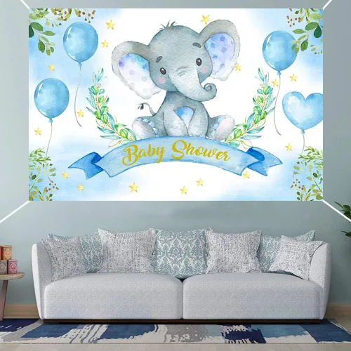 Vista 5 de Telón de fondo de elefante de acuarela azul para baby shower, elefante, hojas verdes, globo de fotografía, elefante, baby shower, decoración