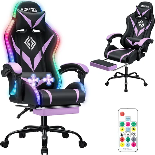 Vista 12 de HOFFREE - Silla para juegos con luces LED RGB estilo carreras, color azul azul+negro