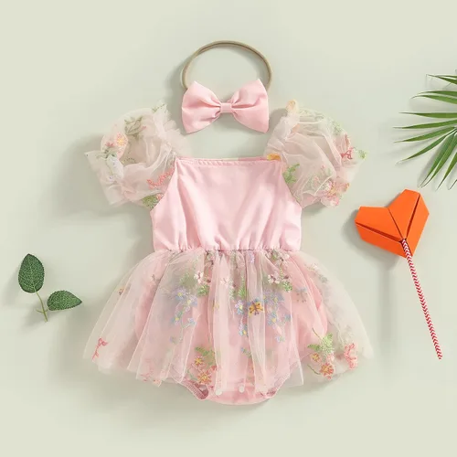 Vista 23 de Mameluco para bebés y niñas de 3, 6, 9, 12, 18 meses, enterizo de manga corta, fruncido, faldas y dobladillo, diadema
