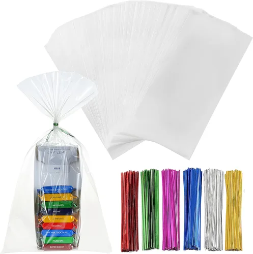 Vista 19 de 200 bolsas de celofán planas de celofán de 4 x 9 pulgadas, transparentes y gruesas, con lazos torcidos de 6 colores, embalaje, galletas, dulces