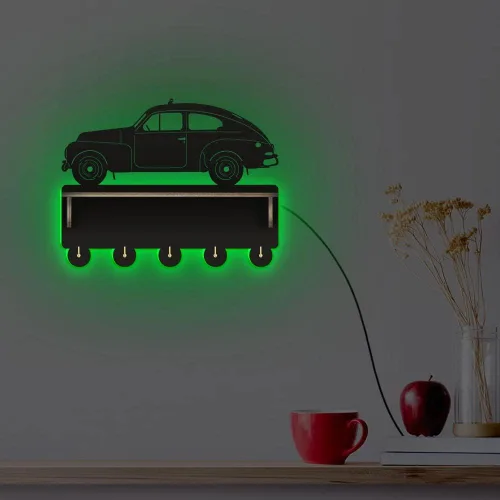 Vista 8 de The Geeky Days Moderno llavero luminoso LED con forma de coche para pared, perchero de madera montado en la pared con estante organizador de medalla