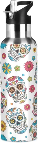 Vista 8 de BPA-Free Sport Water Bottle 32 Oz, Insulated Stainless Steel Water Bottle with Straw for Gym Outdoor Travel School, Colorful Skulls Floral