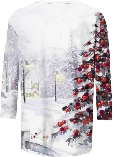 Vista 3 de Camisas de Navidad para mujer, manga 34, tallas grandes, 2023, divertidas, feas, árbol de Navidad, copos de nieve, muñeco de nieve, estampado casual