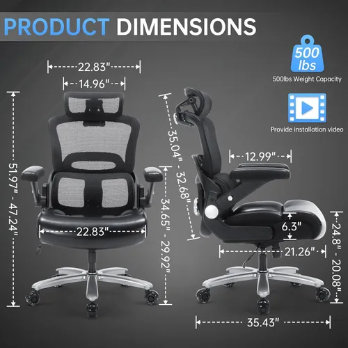 Vista 2 de Silla de oficina grande y alta de 500 libras, silla de escritorio ergonómica resistente con soporte lumbar ajustable, silla ejecutiva de computadora