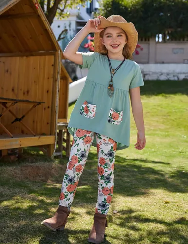 Vista 7 de Arshiner Conjunto de 2 piezas de pantalones y pantalones con estampado floral para niñas pequeñas Verde liso/Naranja Floral