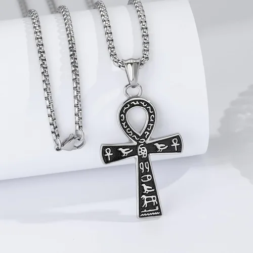 Vista 2 de Collar de cruz, Ankh, oración de serenidad, calavera, colgante de cruz celta, joyería cristiana, protección potente, cadena de acero inoxidable
