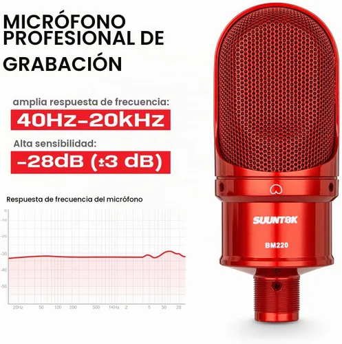 Vista 4 de SUUNTOK Micrófono de condensador XLR, micrófono de grabación con soporte de choque, kit de micrófono de estudio en casa para voz en off Rojo