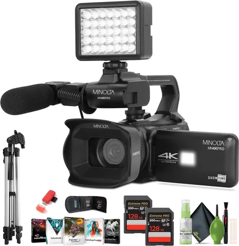 Vista 7 de Minolta MN4KPRO 4K60FPS UHD 64 MP Autofocus Pro Kit de videocámara con paquete WiFi con 2 tarjetas de memoria de 128 GB + trípode de cámara de 72