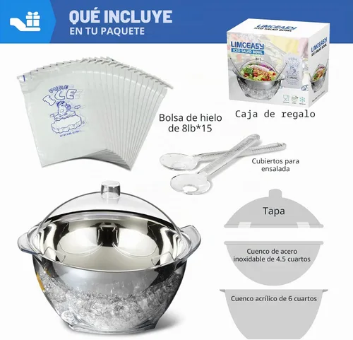 Vista 2 de LIMOEASY Tazón para ensalada helada, tazón grande de 4.5 Qt para servir frío con tapa para fiestas, tazones de hielo para mantener frías