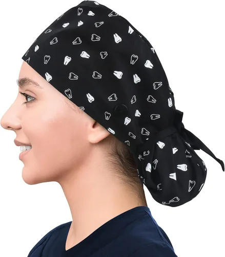 Vista 29 de Gorra médica con forro de satén con bolsillo para cola de caballo, gorro de enfermera médica de algodón con banda elástica para el sudor