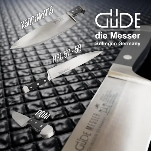 Vista 3 de Güde Alpha Series Cuchillo de chef forjado a mano/afilado con mango Hostaform negro de 10 pulgadas, fabricado en Solingen, Alemania desde 1910