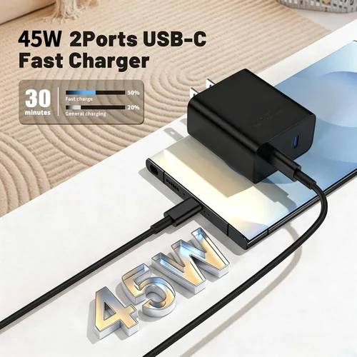 Vista 3 de Cargador súper rápido de 45 W de doble puerto con cable largo USB C a C de 10 pies, bloque de cargador de pared tipo C y cable de carga de teléfono