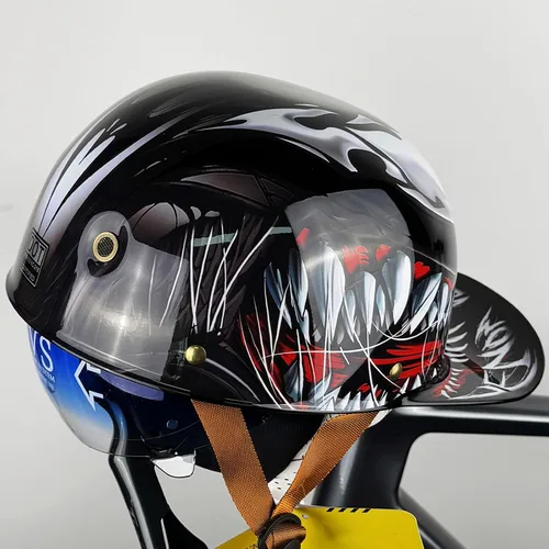 Vista 10 de Casco de motocicleta de cara abierta vintage, gorra de béisbol retro, aprobada por DOT, para hombres y mujeres y adultos, media carcasa con visera