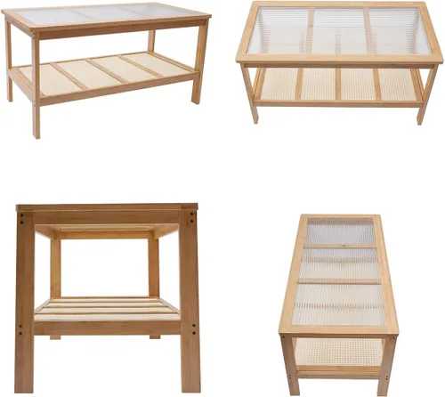Vista 8 de Gdrasuya10 Mesa de centro moderna de bambú para sala de estar, mesa auxiliar rectangular de 2 niveles, mesa central de vidrio, estante