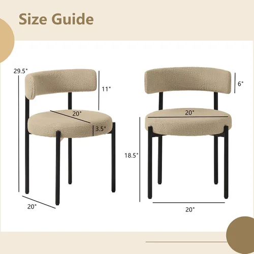 Vista 2 de Juego de 2 sillas de comedor Boucle, sillas de comedor beige con asiento tapizado y respaldo redondo, sillas de cocina modernas de mediados de siglo