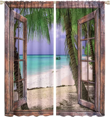 Vista 44 de Cortinas de paisaje, ventana tropical con vista al mar, océano, playa, barco, cortinas con estampado de palmeras para dormitorio, sala de estar, Mar