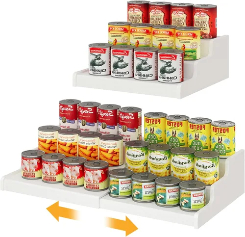 Vista 10 de Organizador de latas de bambú expandible para despensa, soporte de almacenamiento de latas ajustable de 3 niveles, organizador de soda con capacidad